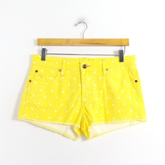 QSD canary yellow polka dot denim jean shorts cut-off raw hem M medium beach fun - Picture 2 of 9